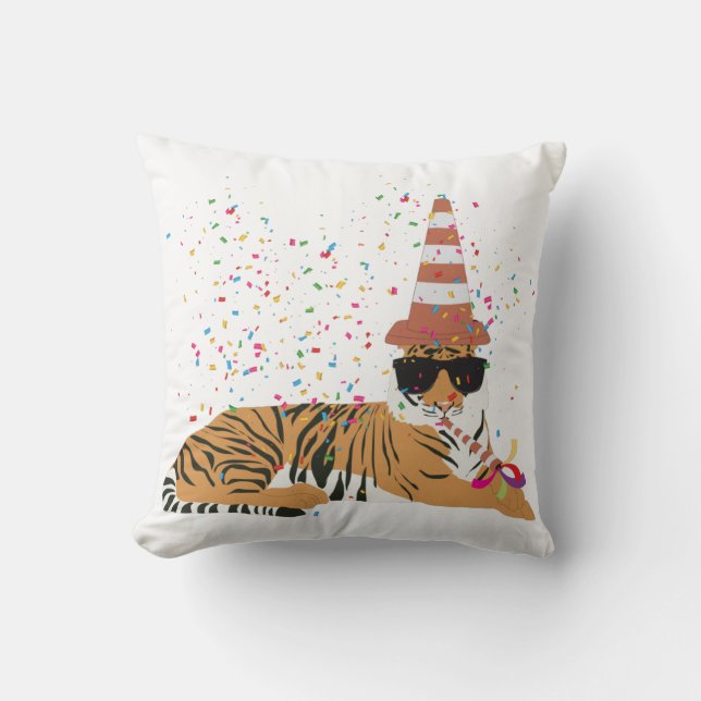 Tiger Partying - Animals Having a Party Throw Pillow (Front)