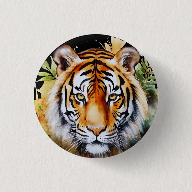 Tiger Pastel Flowers Safari Watercolor Savannah Button (Front)