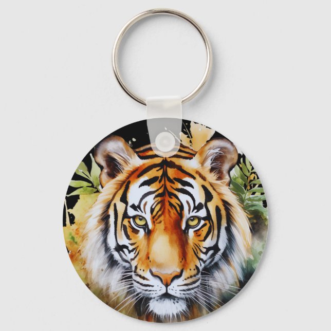 Tiger Pastel Flowers Safari Watercolor Savannah Keychain (Front)