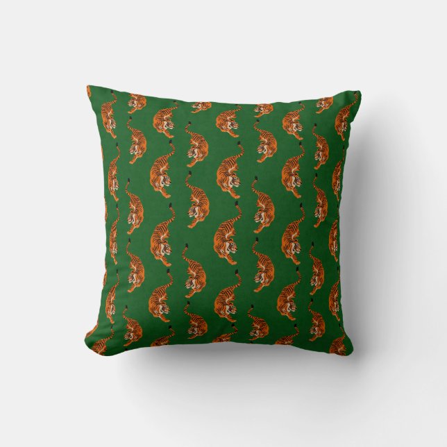 Tiger Pattern with Green Background Throw Pillow (Front)