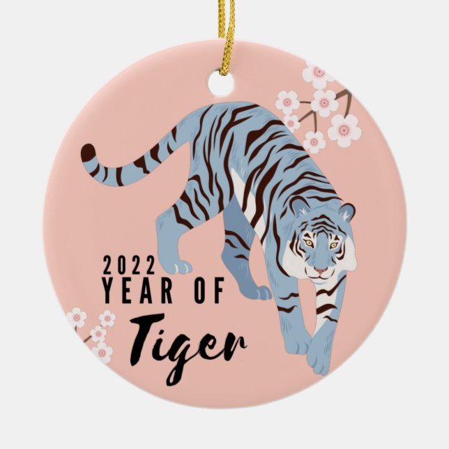 Tiger Pink & Blue Modern Happy New Year 2022 Ceramic Ornament (Front)