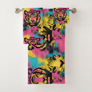 Tiger Pop Art Pattern in Pink, Yellow and Blue Bath Towel Set