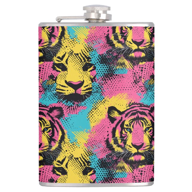 Tiger Pop Art Pattern in Pink, Yellow and Blue Flask (Front)