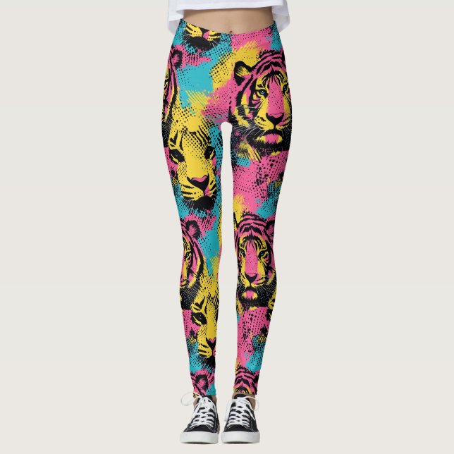 Tiger Pop Art Pattern in Pink, Yellow and Blue Leggings (Front)