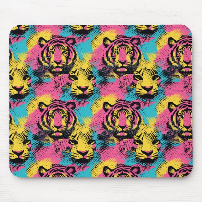 Tiger Pop Art Pattern in Pink, Yellow and Blue Mouse Pad (Front)