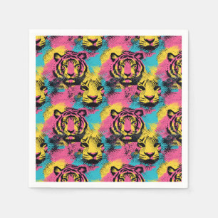 Tiger Pop Art Pattern in Pink, Yellow and Blue Napkins