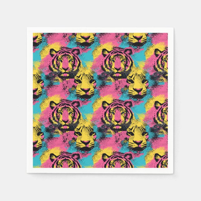 Tiger Pop Art Pattern in Pink, Yellow and Blue Napkins (Front)