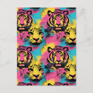 Tiger Pop Art Pattern in Pink, Yellow and Blue Postcard