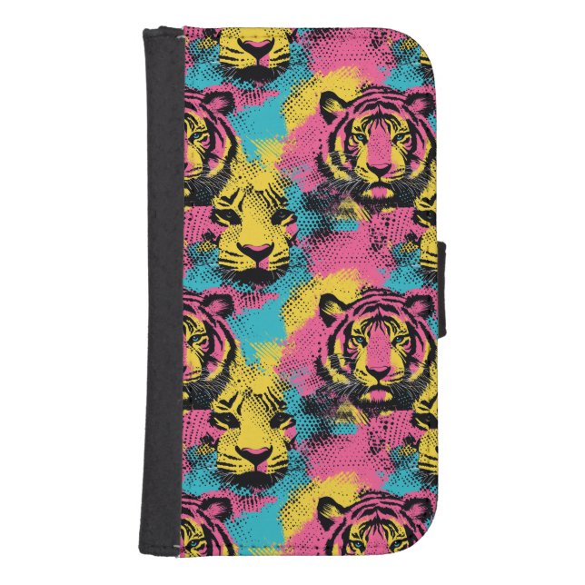 Tiger Pop Art Pattern in Pink, Yellow and Blue Samsung Galaxy Wallet Case (Front)