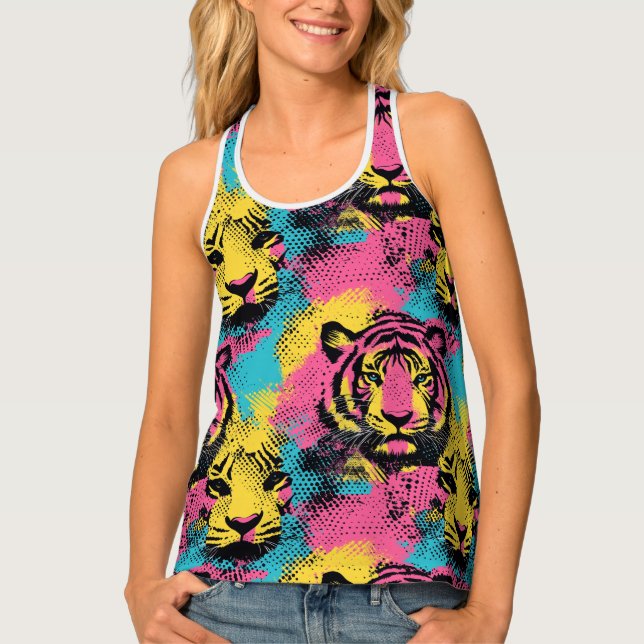 Tiger Pop Art Pattern in Pink, Yellow and Blue Tank Top (Front)