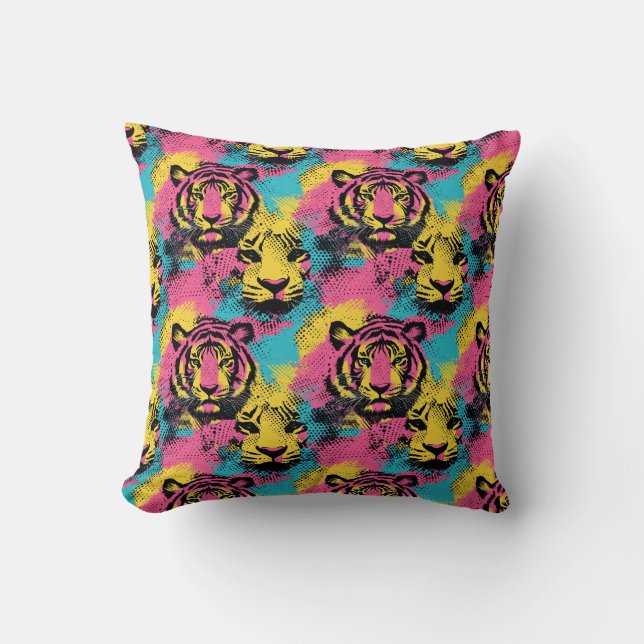 Tiger Pop Art Pattern in Pink, Yellow and Blue Throw Pillow (Front)