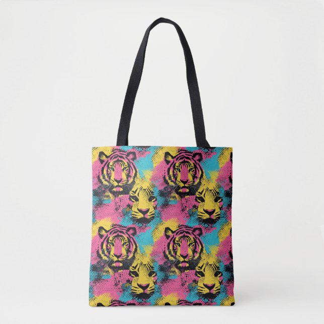 Tiger Pop Art Pattern in Pink, Yellow and Blue Tote Bag (Front)
