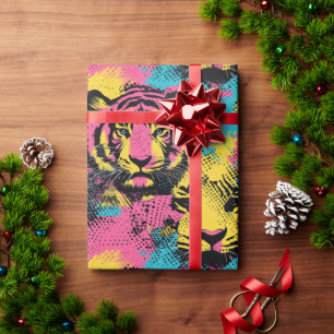 Tiger Pop Art Pattern in Pink, Yellow and Blue Wrapping Paper