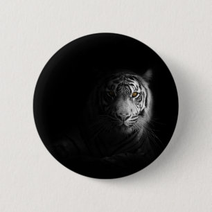 Tiger portait, black and white photograph, button