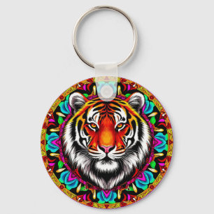 Tiger Portrait with Mandala Design Keychain