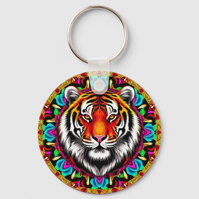 Tiger Portrait with Mandala Design Keychain (Front)