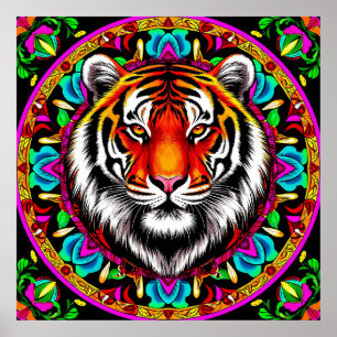 Tiger Portrait with Mandala Design Poster