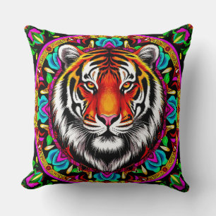 Tiger Portrait with Mandala Design Throw Pillow