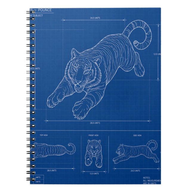 Tiger Pounce Blueprint – Technical Line Art Poster Notebook (Front)