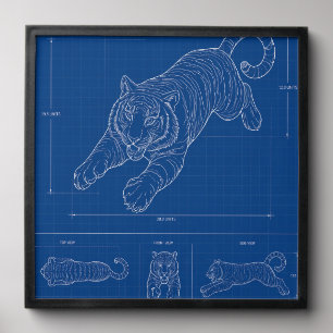 Tiger Pounce Blueprint – Technical Line Art Poster Peel And Stick Photo Tile