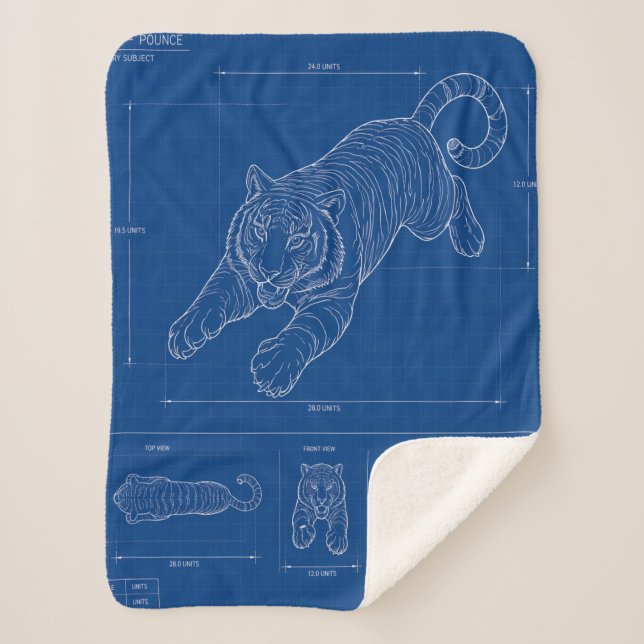 Tiger Pounce Blueprint – Technical Line Art Poster Sherpa Blanket (Front)