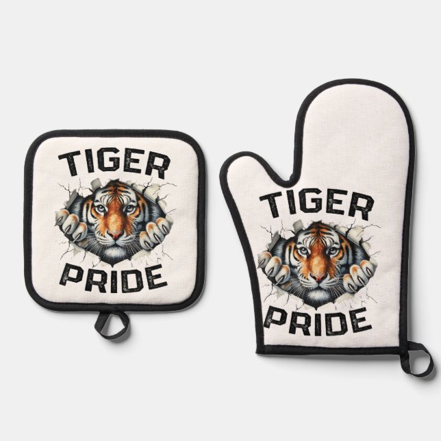 Tiger Pride Retro Tiger School Sports Team  Oven Mitt & Pot Holder Set (Front)