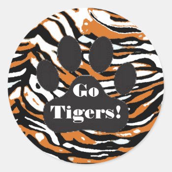 Tiger Print And Paw-school Spirit Classic Round Sticker by hungaricanprincess at Zazzle