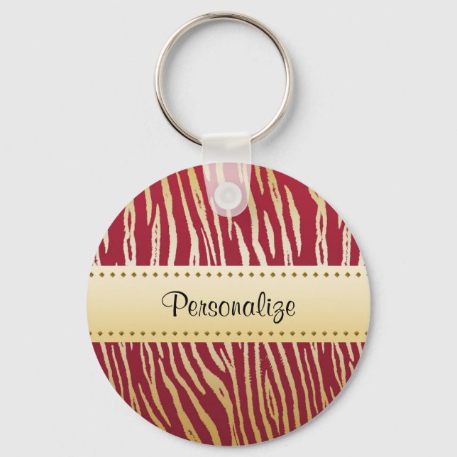 Tiger Print Elegant Red and Gold Animal Pattern Keychain (Front)