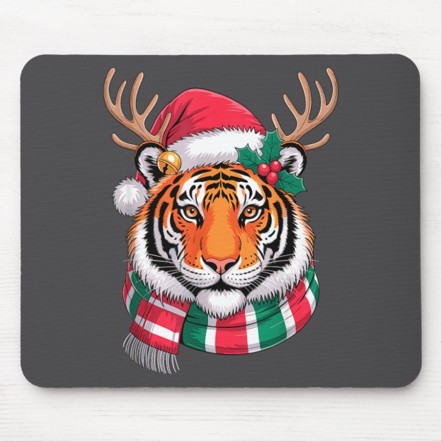 Tiger Reindeer Christmas Santa Hat Tiger Xmas  Mouse Pad (Front)