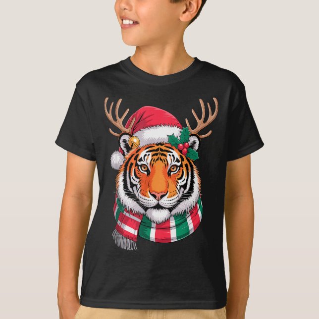 Tiger Reindeer Christmas Santa Hat Tiger Xmas  T-Shirt (Front)