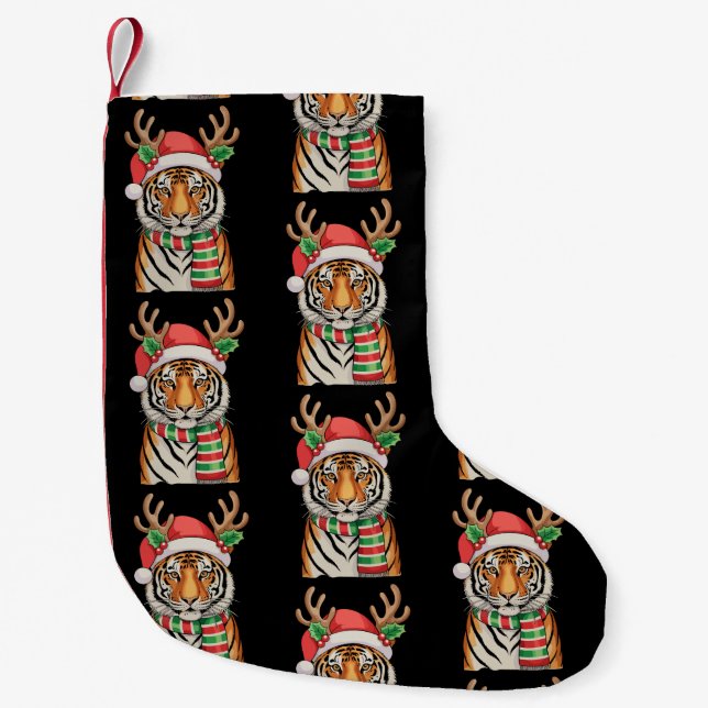 Tiger Reindeer Santa Hat Christmas Xmas Holiday Small Christmas Stocking (Front)