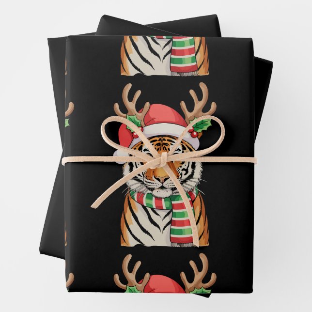 Tiger Reindeer Santa Hat Christmas Xmas Holiday Wrapping Paper Sheets (In situ)