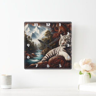 Tiger Relaxing by Mountain River Square Wall Clock