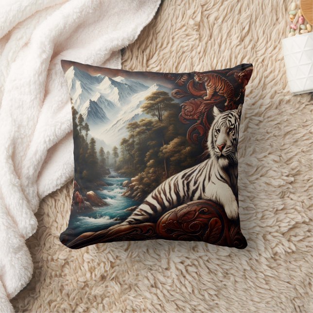 Tiger Relaxing by Mountain River Throw Pillow (Blanket)