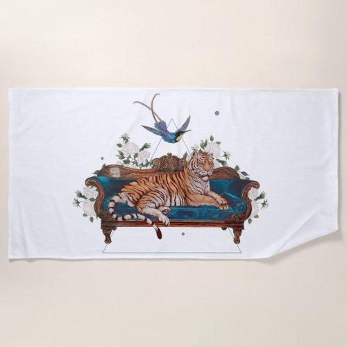 Tiger resting on a lounche chair with flowers  beach towel
