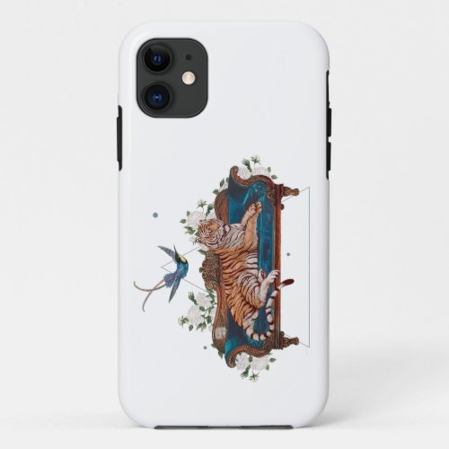 Tiger resting on a lounche chair with flowers iPhone 11 case