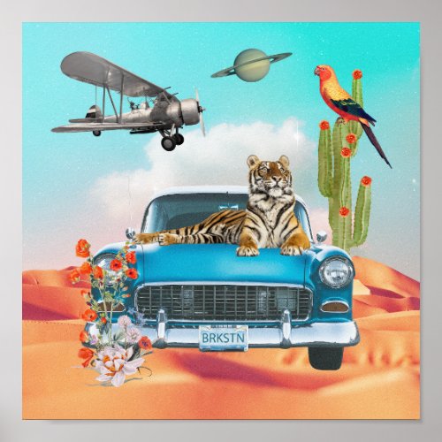 Tiger Retro Car Desert Cactus Surreal Collage Canv Poster