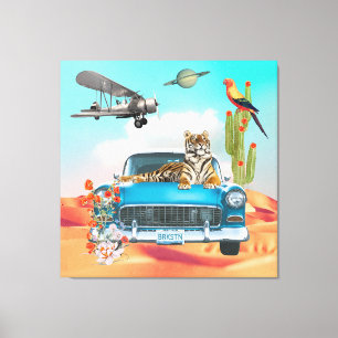 Tiger Retro Car Desert Cactus Surreal Collage Canvas Print