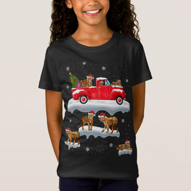 Tiger Riding Red Truck Merry Christmas X-mas Ugly  T-Shirt (Front)