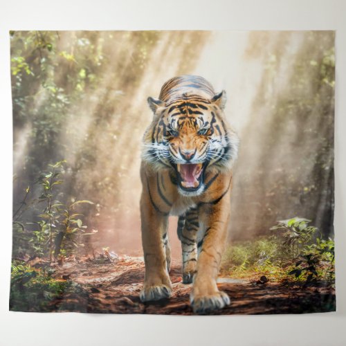 Tiger Roaring  in a Backlit Jungle Tapestry