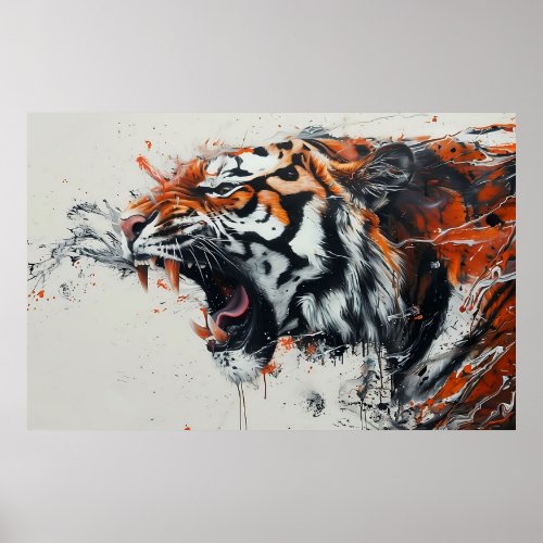 Tiger Roaring On White Background Abstract Design Poster