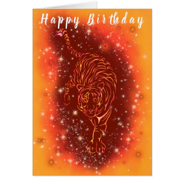 Tiger Running At Starry Night Birthday Card (Front)