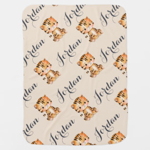 Tiger Safari Jungle Watercolor Custom Baby Name Blanket