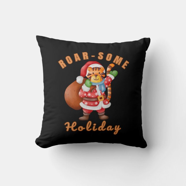 Tiger Santa Claus Christmas– Wild Animal Holiday Throw Pillow (Front)