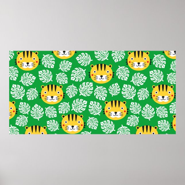Tiger seamless pattern with tropical leaves. Kid b Poster (Front)