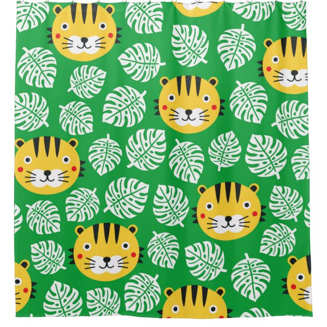 Tiger seamless pattern with tropical leaves. Kid b Shower Curtain (Front)