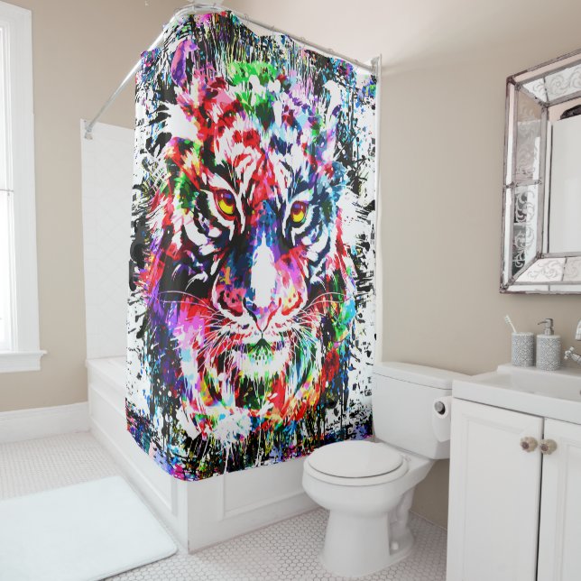 Tiger Shower Curtain | Colorful Tiger Drawing (In Situ)