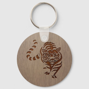 Tiger silhouette engraved on wood design keychain