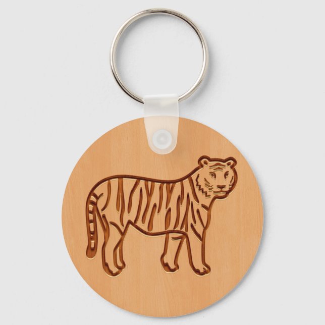 Tiger silhouette engraved on wood design keychain (Front)