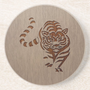 Tiger silhouette engraved on wood design sandstone coaster